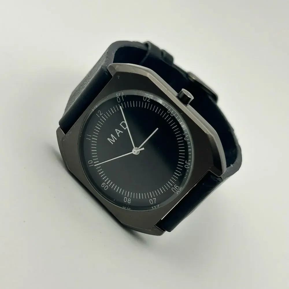 MAD Black Dial and Leather Metallic Gray Case Watch Working New Battery